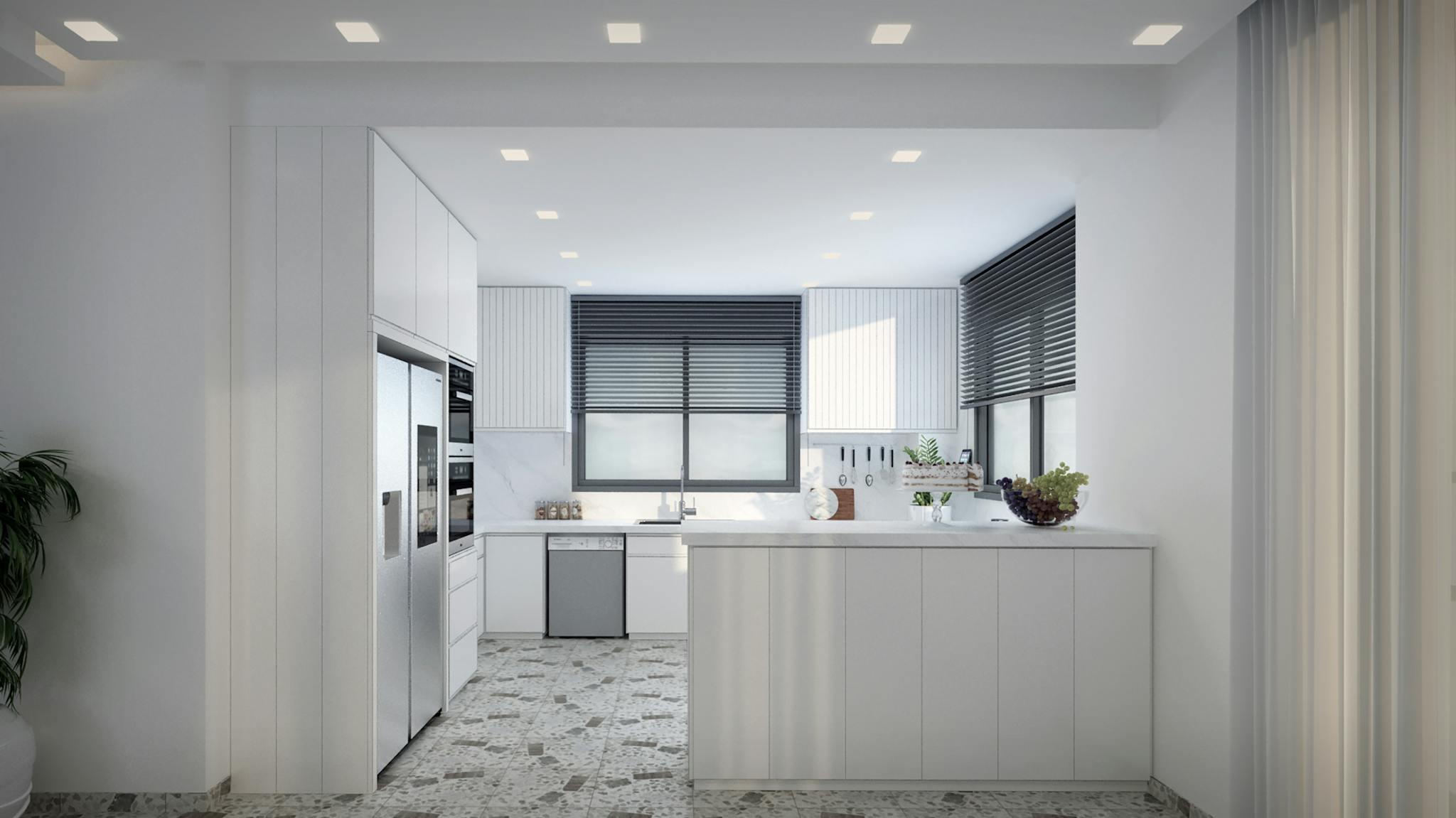Sleek minimalist kitchen with white cabinetry and marble accents.